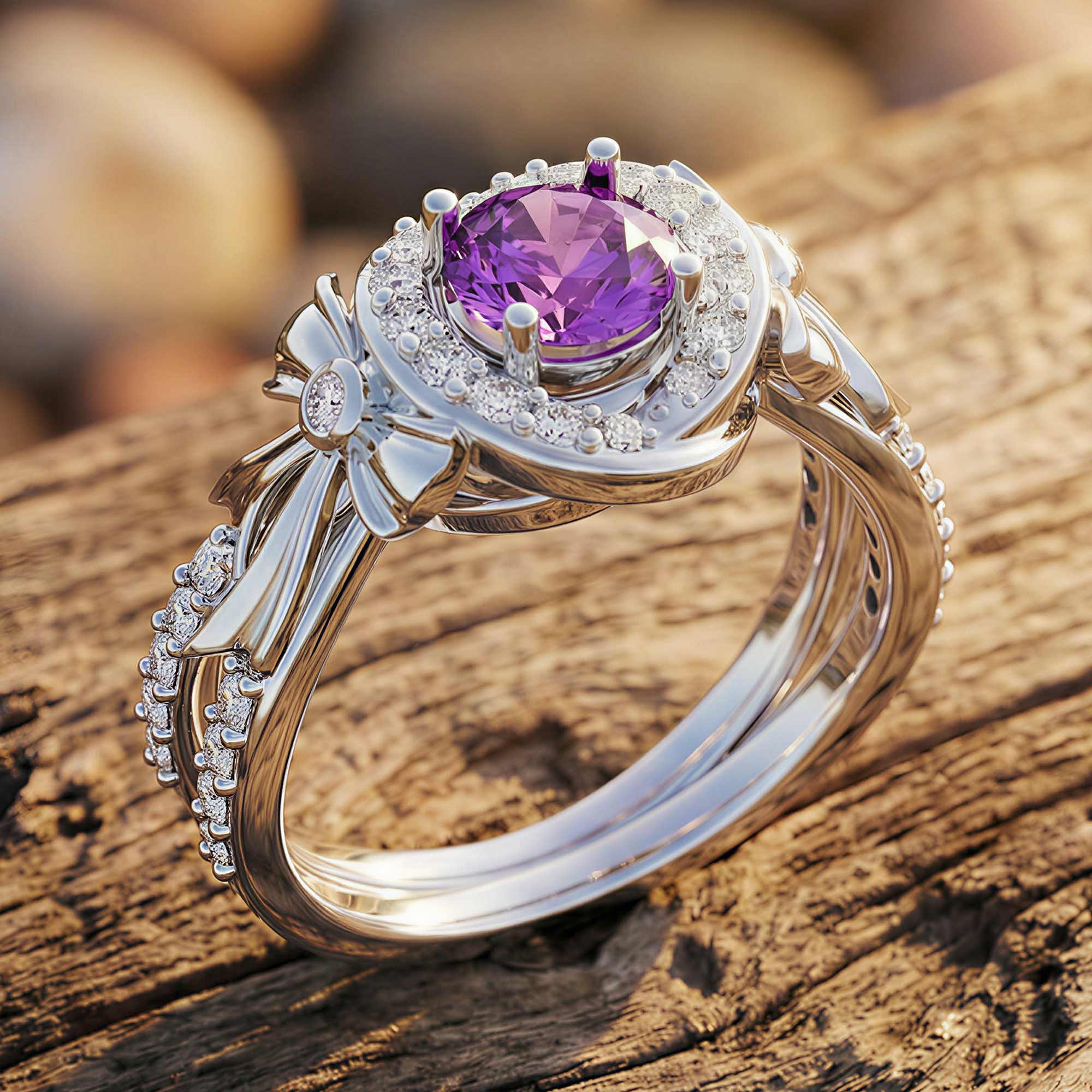 Graceful Bow Entwined Ring - Amethyst 3