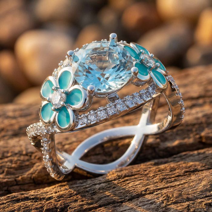 Intertwined Blooming Bud Ring - Aquamarine 1