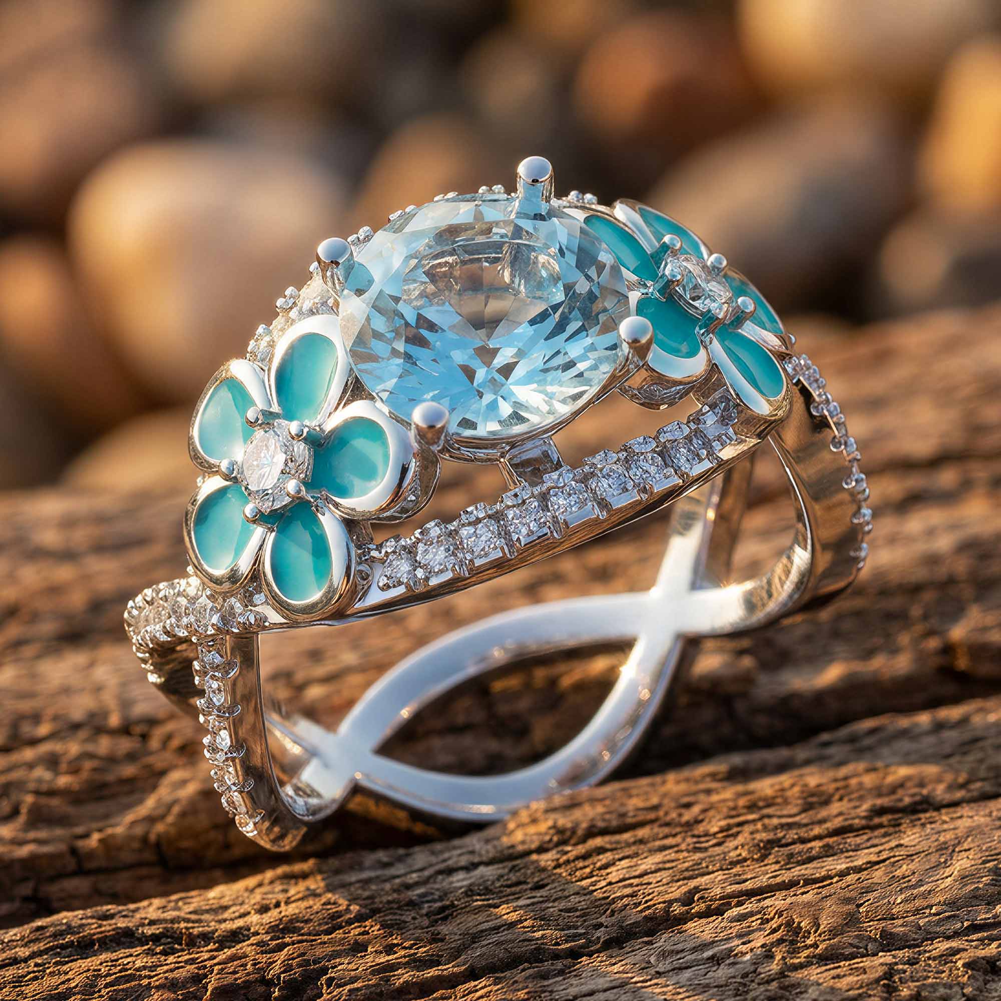 Intertwined Blooming Bud Ring - Aquamarine 1