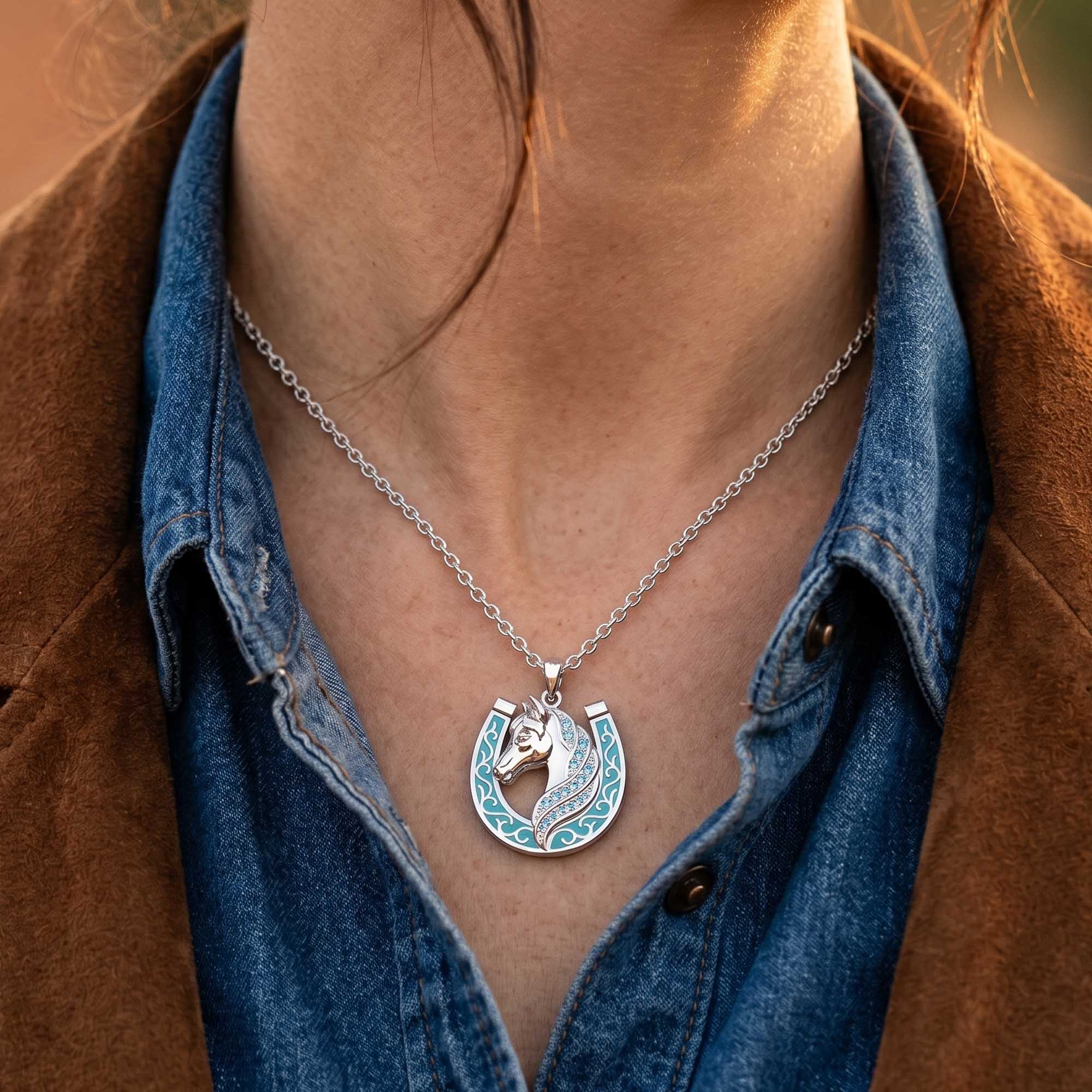 Mustang Horseshoe Necklace - Aquamarine 2