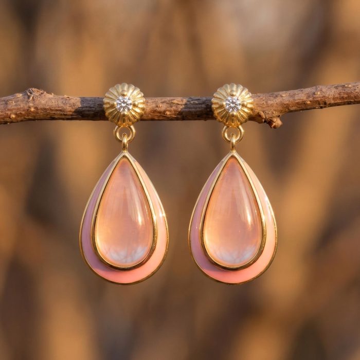 Ripple Teardrop Earrings - Rose Quartz 1